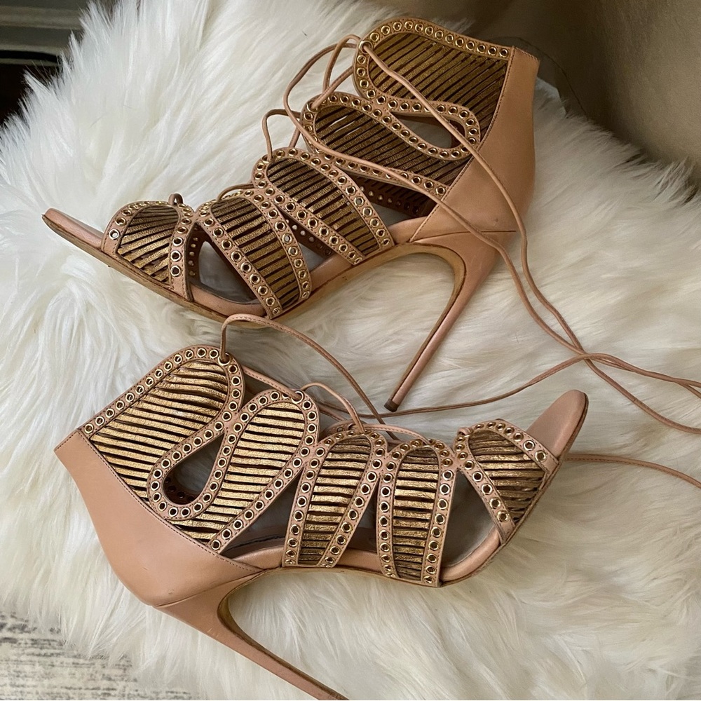 Brian Atwood neutral and gold lace up gladiator style stiletto heel sandals